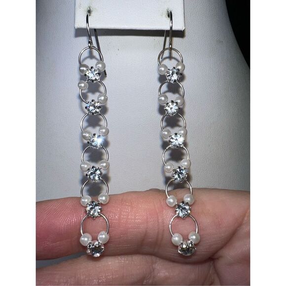 Silver Tone and Rhinestone and Faux Pearl Circular Long Statement Earrings - Picture 8 of 8
